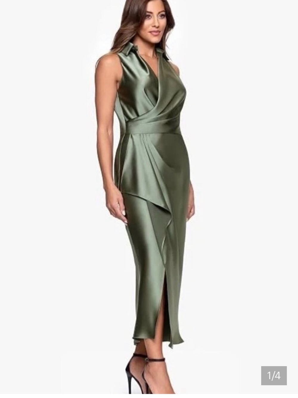 Xscape Satin Olive Draped Wrap Midi Dress